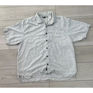 Tommy Bahama Wood‎ Buttons Light Beige 100% Silk Shirt Mens Palm Print Pocket XL